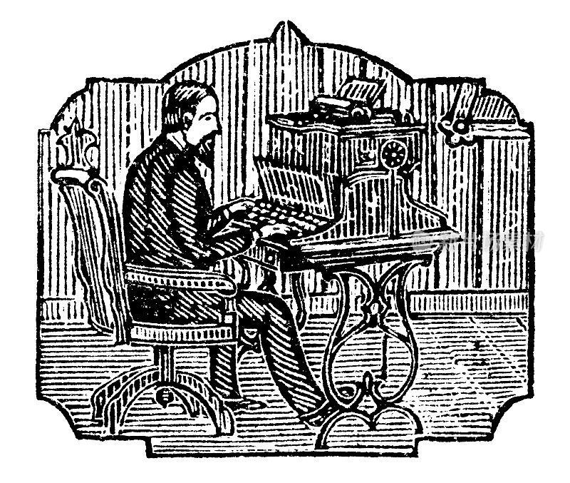 使用肖尔斯和滑盖打字机的人(雷明顿1号)- 19世纪